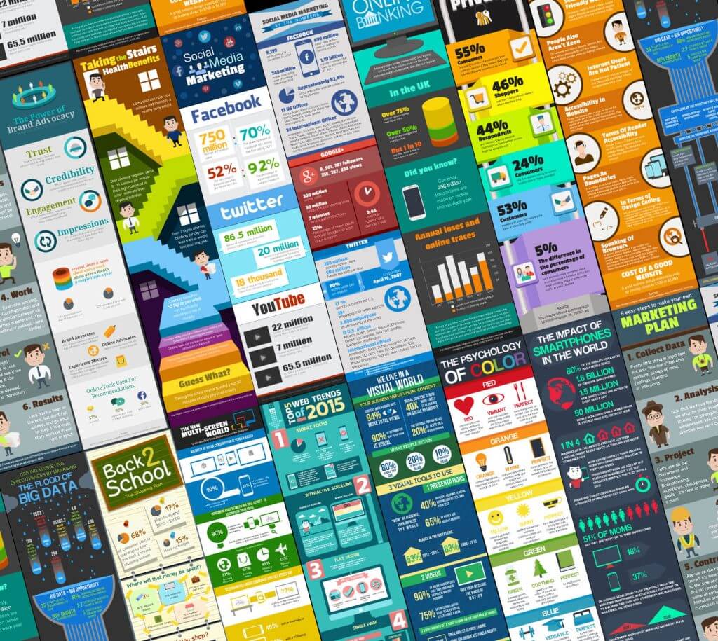 A large collection of different types of infographics.