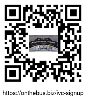 QR code with the text "https://onthebus.biz/ivc-signup" below it and a small image of a virtual conference banner in the center.