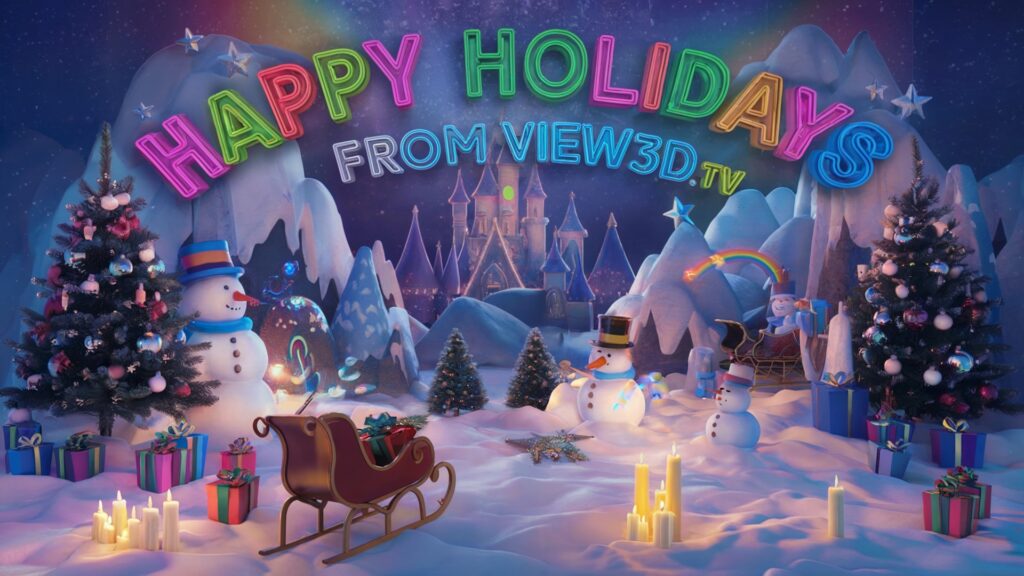 Festive winter scene with snowmen, a sleigh, presents, and candlelit decorations. Neon sign reads "Happy Holidays from View3D.tv" against a backdrop of snowy mountains and a castle.