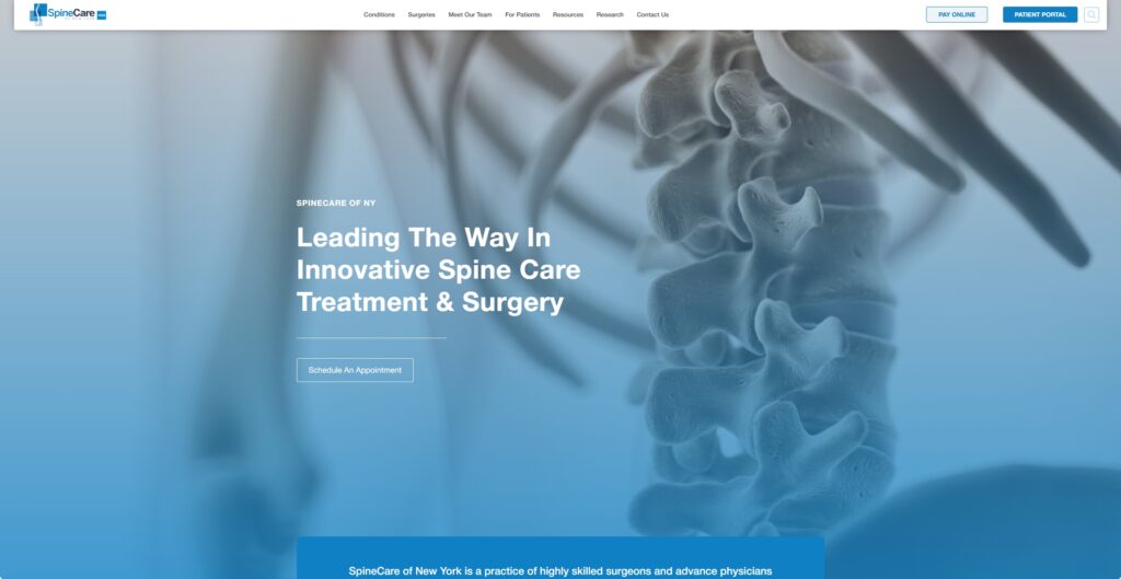 Website homepage featuring spine imagery and text promoting innovative spine care treatment and surgery. Options to schedule an appointment, and learn more about their practice and services.