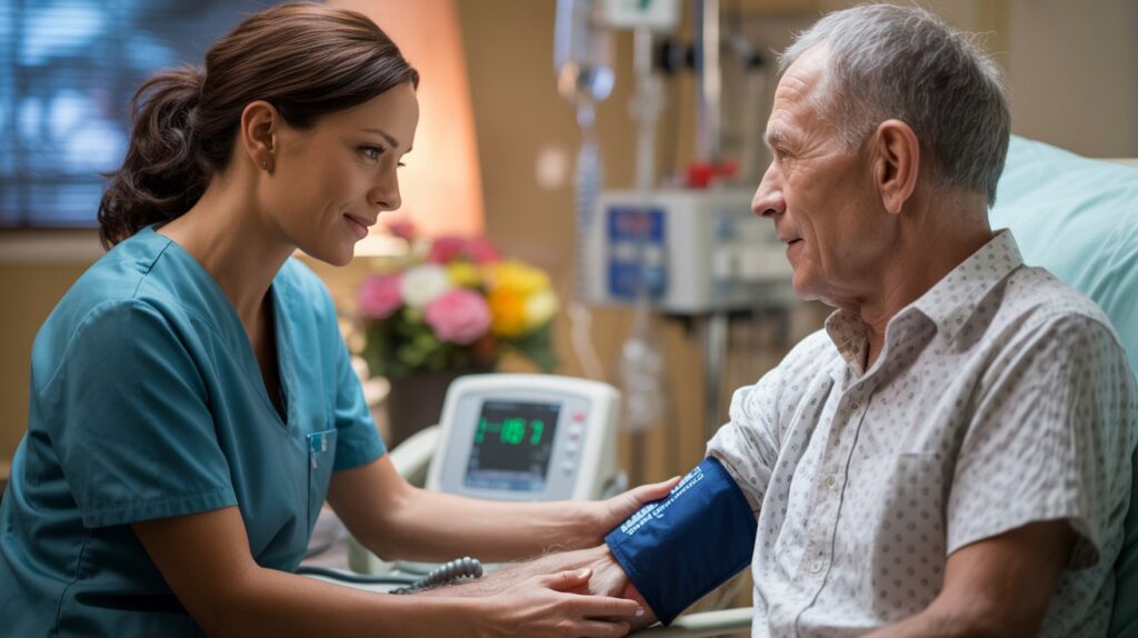 A nurse checks an elderly man's blood pressure in a hospital room, with medical equipment and flowers visible in the background.
