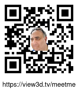 A QR code with a man's face in the center and the URL "https://view3d.tv/meetme" displayed below.