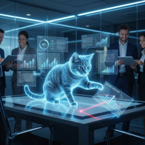 A holographic cat interacts with virtual data charts on a table as four business professionals observe and use digital tablets in a modern office setting.