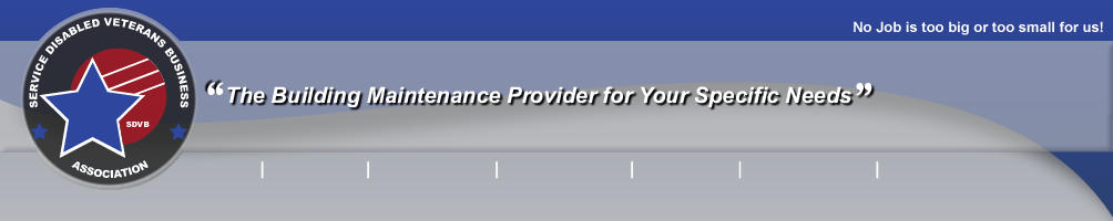 Banner with Service Disabled Veterans Business Association logo, slogan "The Building Maintenance Provider for Your Specific Needs," and text "No Job is too big or too small for us!" on a blue background.